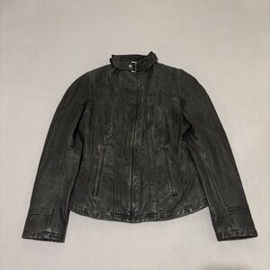 Danier Black Genuine Leather Moto Jacket Mock Neck Quilted Lining Womens Small